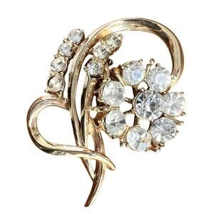 Vtg Coro Flower Brooch Gold Tone Clear Rhinestones Classic Signed Floral Pin Mom
